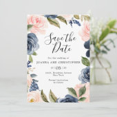 Navy Blue Blush Pink Rose Boho Hochzeit Save The Date (Stehend Vorderseite)