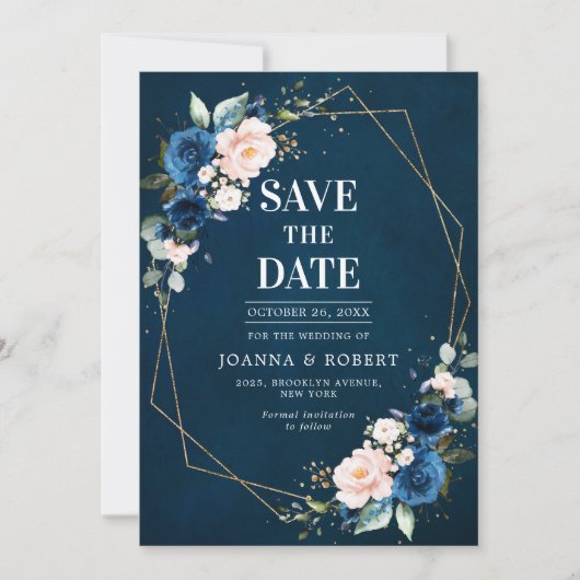 Navy Blue Blush Pink Rose Boho Hochzeit Save The Date (Vorderseite)