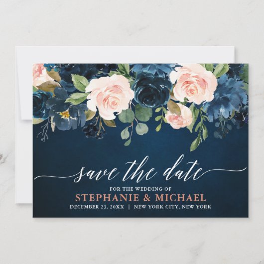 Navy Blue Blush Pink Rose Boho Hochzeit Save The Date (Vorderseite)