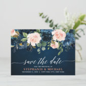 Navy Blue Blush Pink Rose Boho Hochzeit Save The Date (Stehend Vorderseite)