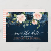 Navy Blue Blush Pink Rose Boho Hochzeit Save The Date (Vorne/Hinten)