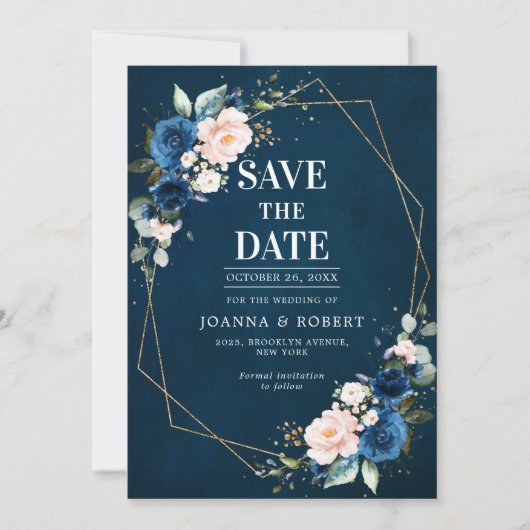 Navy Blue Blush Pink Rose Boho Hochzeit Save The Date (Vorderseite)