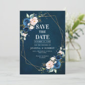Navy Blue Blush Pink Rose Boho Hochzeit Save The Date (Stehend Vorderseite)