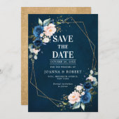 Navy Blue Blush Pink Rose Boho Hochzeit Save The Date (Vorne/Hinten)