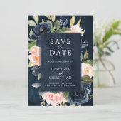 Navy Blue Blush Pink Rose Boho Hochzeit Save The Date (Stehend Vorderseite)