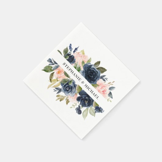 Navy Blue Blush Pink Rose Boho Hochzeit Serviette (Ecke)