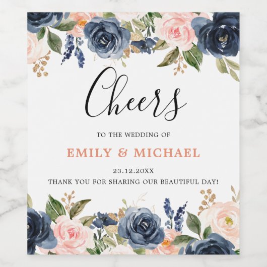Navy Blue Blush Pink Rose Boho Hochzeit Weinetikett (Einzelnes Label)