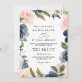 Navy Blue Blush Pink Rose Boho QR Code Wedding Einladung (Vorderseite)