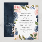 Navy Blue Blush Pink Rose Boho QR Code Wedding Einladung (Vorne/Hinten)