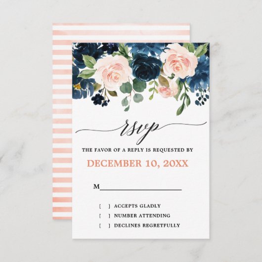 Navy Blue Blush Pink Rose Boho Wedding RSVP (Vorne/Hinten)