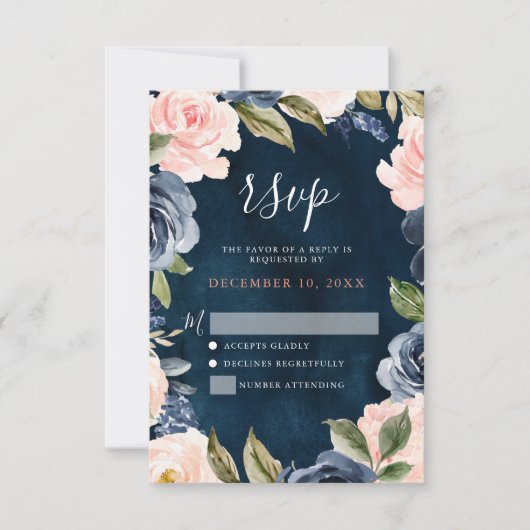 Navy Blue Blush Pink Rose Boho Wedding RSVP Karte (Vorderseite)