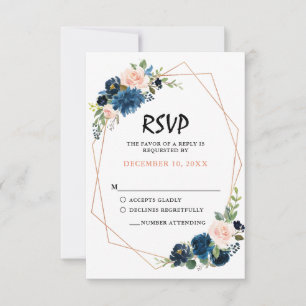 Navy Blue Blush Pink Rose Boho Wedding RSVP Karte