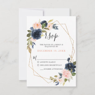 Navy Blue Blush Pink Rose Boho Wedding RSVP Karte