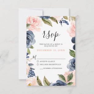 Navy Blue Blush Pink Rose Boho Wedding RSVP Karte