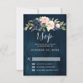 Navy Blue Blush Pink Rose Boho Wedding RSVP Karte