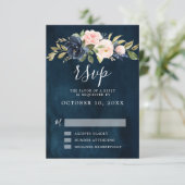 Navy Blue Blush Pink Rose Boho Wedding RSVP Karte (Stehend Vorderseite)