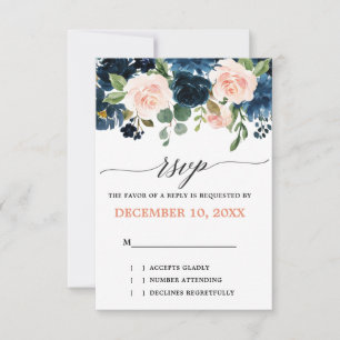 Navy Blue Blush Pink Rose Boho Wedding RSVP Karte