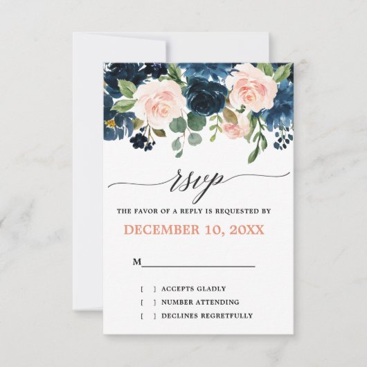Navy Blue Blush Pink Rose Boho Wedding RSVP Karte (Vorderseite)
