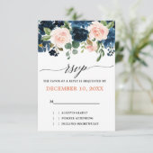 Navy Blue Blush Pink Rose Boho Wedding RSVP Karte (Stehend Vorderseite)