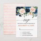 Navy Blue Blush Pink Rose Boho Wedding RSVP Karte (Vorne/Hinten)