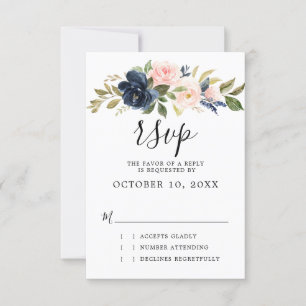 Navy Blue Blush Pink Rose Boho Wedding RSVP Karte