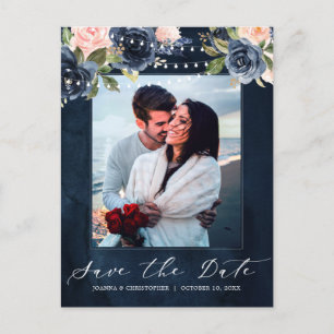 Navy Blue Blush Pink Rose String Lights Foto Ankündigungspostkarte