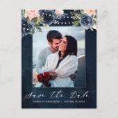 Navy Blue Blush Pink Rose String Lights Foto Ankündigungspostkarte (Vorderseite)