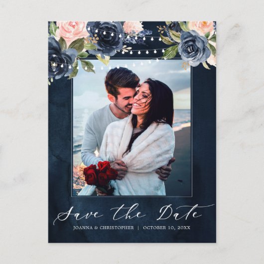 Navy Blue Blush Pink Rose String Lights Foto Ankündigungspostkarte (Vorderseite)