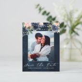 Navy Blue Blush Pink Rose String Lights Foto Ankündigungspostkarte (Stehend Vorderseite)
