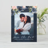 Navy Blue Blush Pink Rose String Lights Foto Save The Date (Stehend Vorderseite)