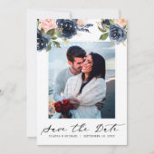 Navy Blue Blush Pink Rose String Lights Foto Save The Date (Vorderseite)