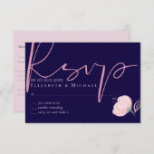 Navy Blue Blush Pink Rosegold Hochzeitbudget RSVP Karte (Vorne/Hinten)