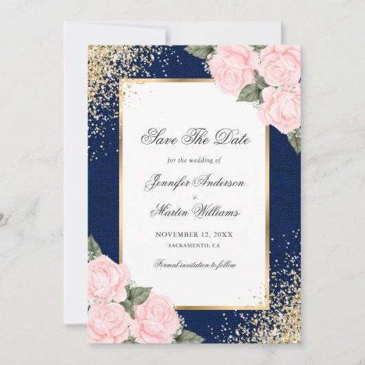 Navy Blue Blush Pink Roses Foto Save the Date (Vorderseite)