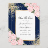 Navy Blue Blush Pink Roses Foto Save the Date (Vorne/Hinten)