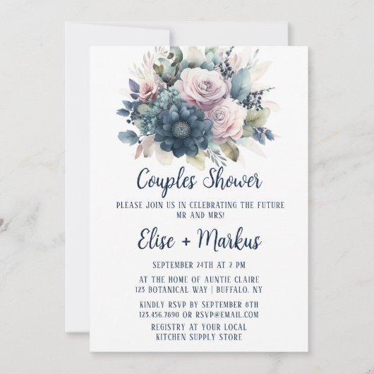 Navy Blue Blush Pink Roses Paare Dusche Einladung (Vorderseite)