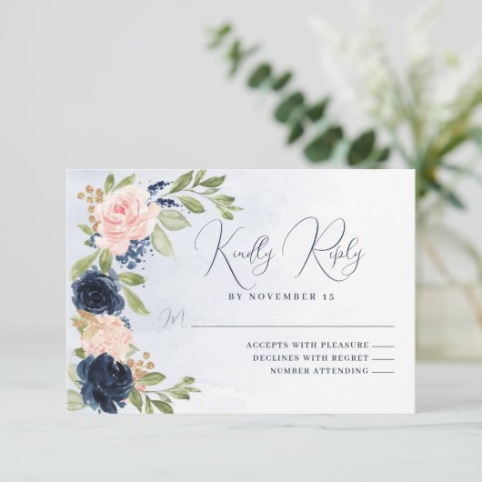Navy Blue Blush Pink UAWG Response Card RSVP Karte (Stehend Vorderseite)