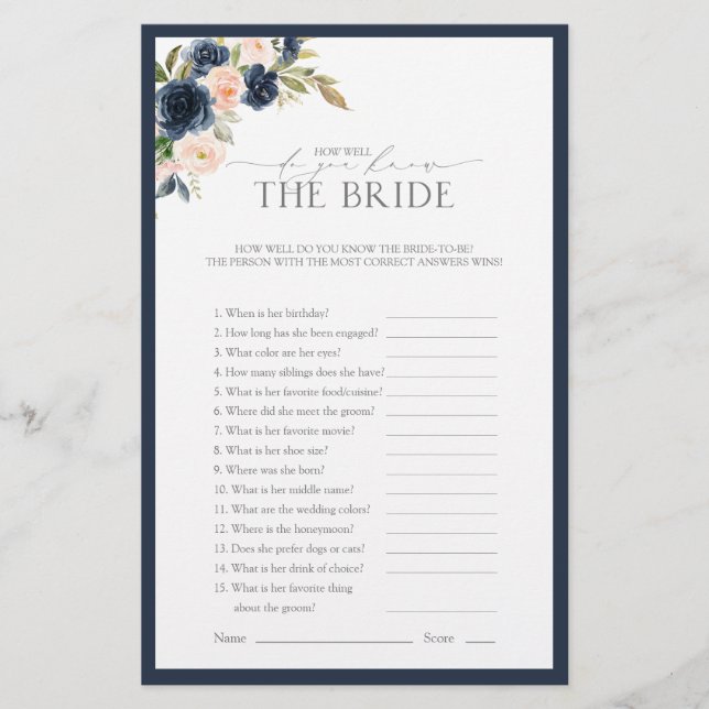 Navy Blue Blush Pink Watercolor Brautparty Game (Vorderseite)