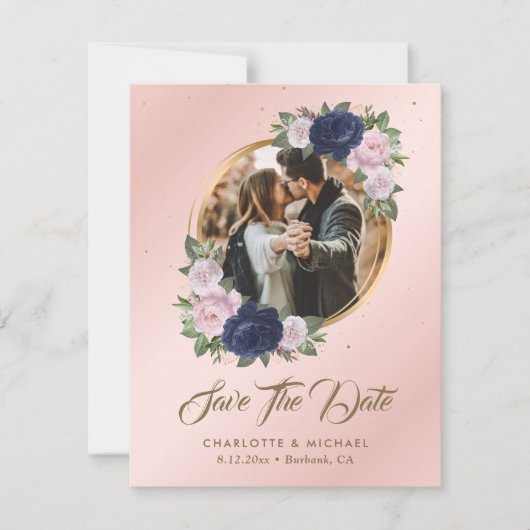Navy Blue Blush Pink Wedding Foto Save the Date Ankündigung (Vorderseite)