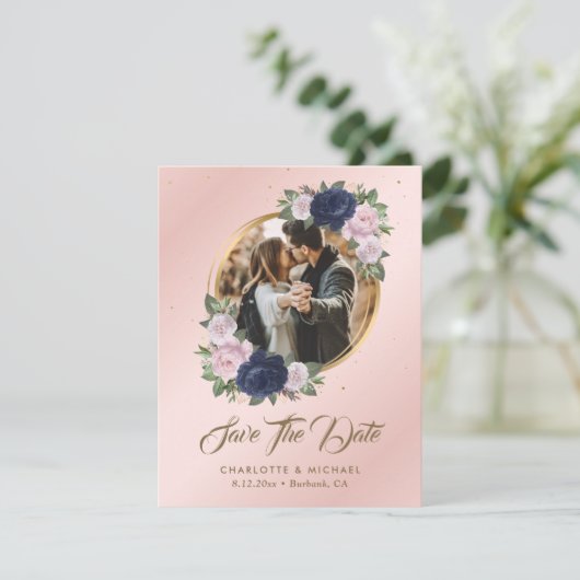 Navy Blue Blush Pink Wedding Foto Save the Date Ankündigung (Stehend Vorderseite)