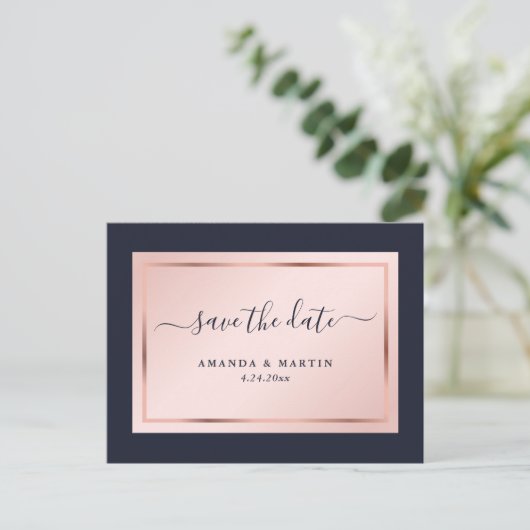 Navy Blue Blush Rose Gold Hochzeit speichern das D Ankündigungspostkarte (Stehend Vorderseite)