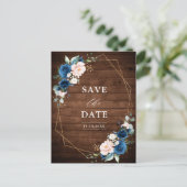 Navy Blue Blush Rustic Wood Gold Save the Date Postkarte (Stehend Vorderseite)