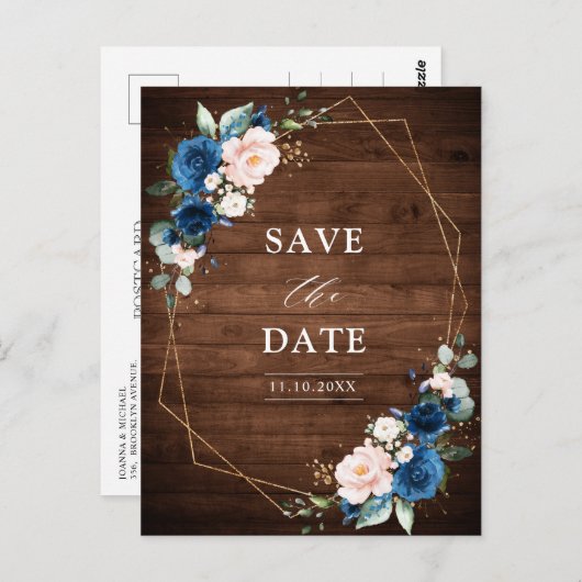 Navy Blue Blush Rustic Wood Gold Save the Date Postkarte (Vorne/Hinten)