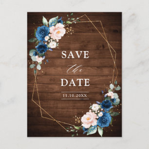 Navy Blue Blush Rustic Wood Gold Save the Date Postkarte