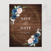 Navy Blue Blush Rustic Wood Gold Save the Date Postkarte (Vorderseite)