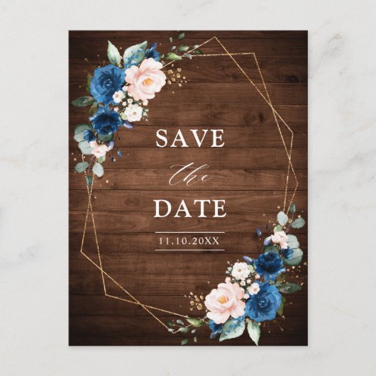 Navy Blue Blush Rustic Wood Gold Save the Date Postkarte (Vorderseite)