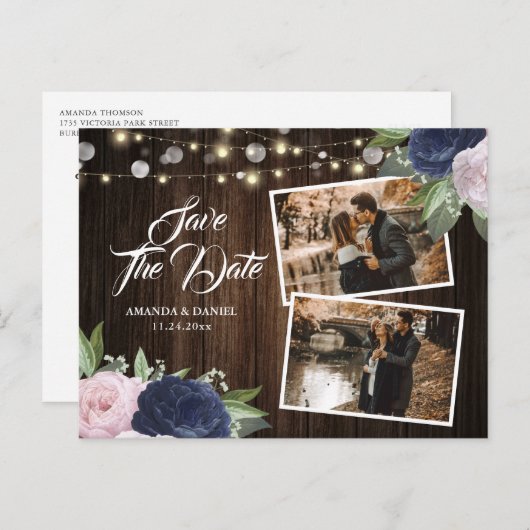 Navy Blue Blush Save the Date Foto Postcard Ankündigungspostkarte (Vorne/Hinten)
