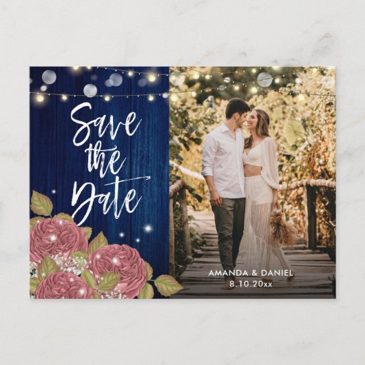 Navy Blue Blush Save the Date Foto Postkarten (Vorderseite)