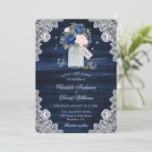 Navy Blue Blush Wood Mason Jar Floral Wedding Einladung (Stehend Vorderseite)