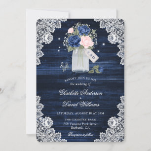 Navy Blue Blush Wood Mason Jar Floral Wedding Einladung
