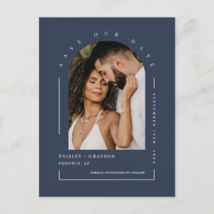 Navy Blue Boho Arch Foto QR Code Rettete Unser Dat Postkarte
